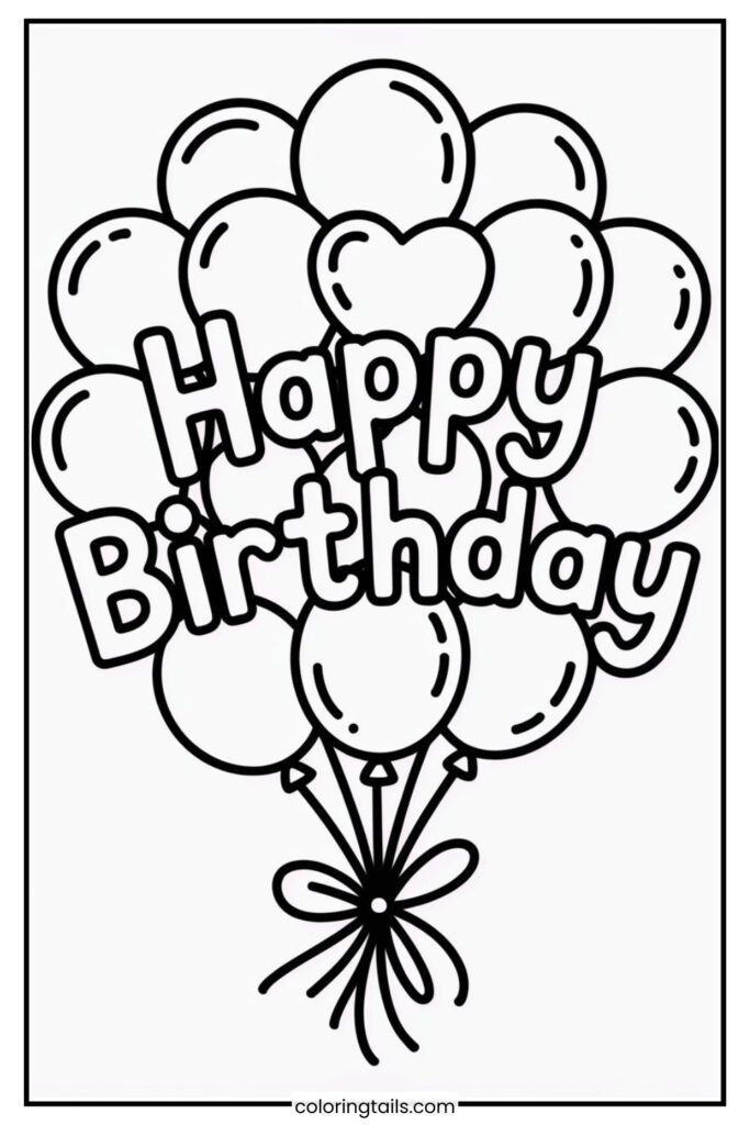 A big bunch of balloons with “Happy Birthday” written in fun font.