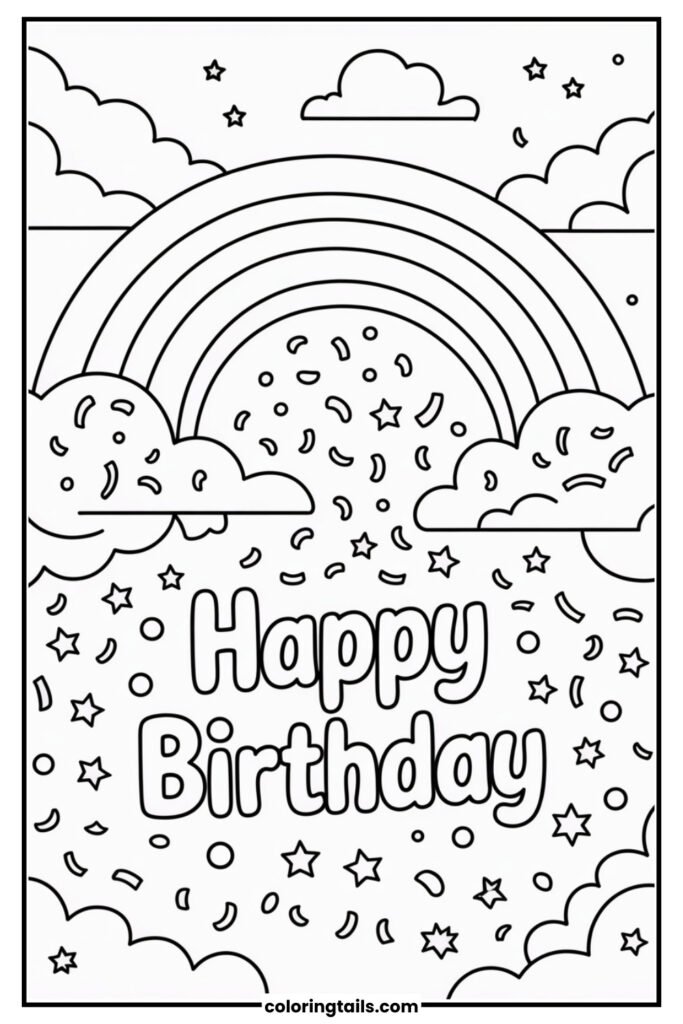 A full rainbow, clouds, falling confetti and a Happy Birthday text.