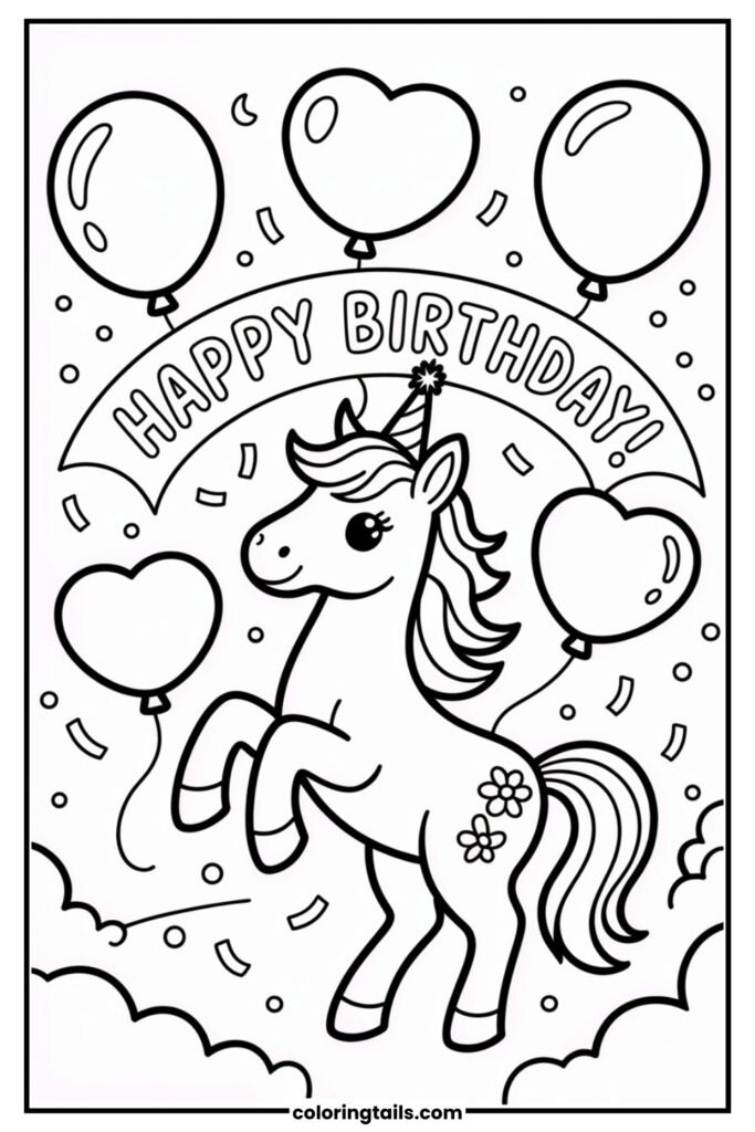 A unicorn with balloons and magical birthday vibe.