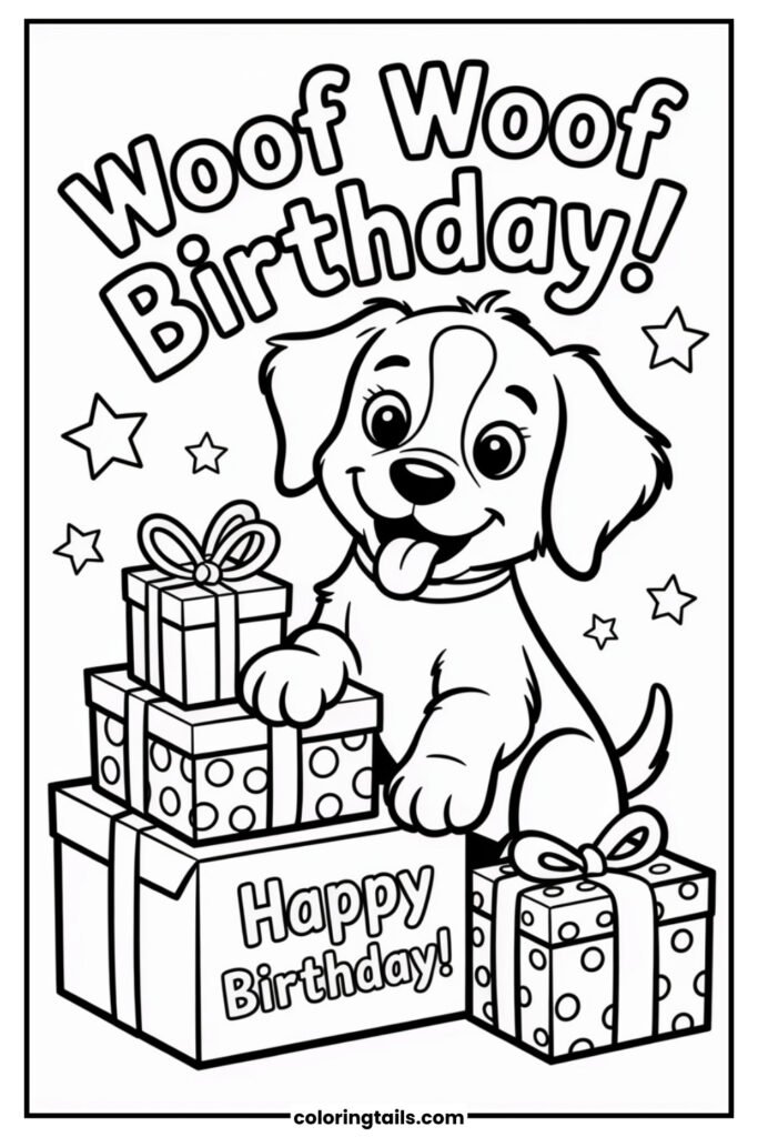 A happy dog sitting next to birthday gifts and a text Woof Woof Birthday!