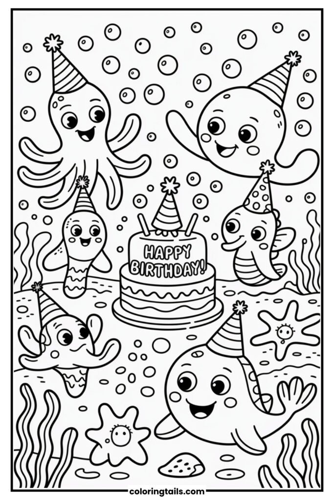 Sea creatures wearing hats and blowing bubbles with a birthday cake in the center.
