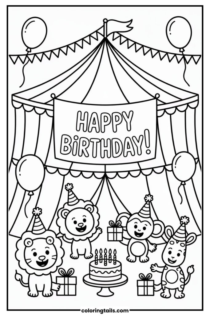 A circus tent with birthday decorations and animals.
