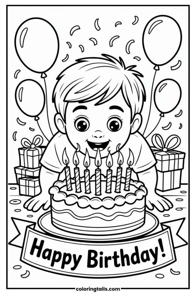 A boy leaning forward to blow out the birthday candles.