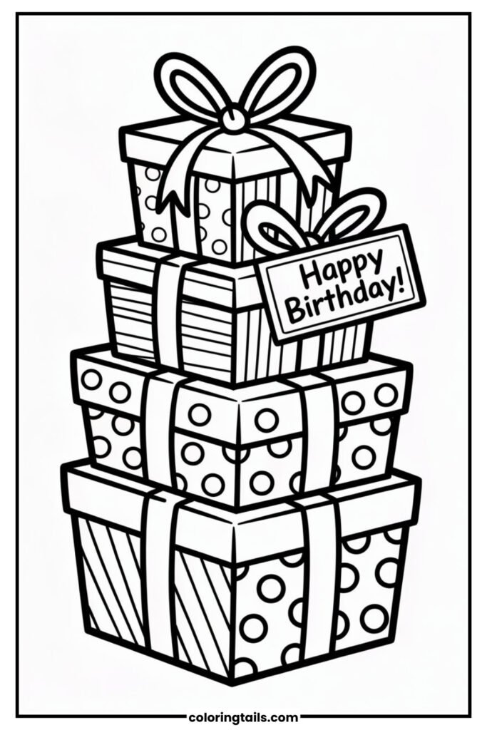 Stacks of wrapped presents with bows, tags and patterns with a Happy Birthday tag on them.