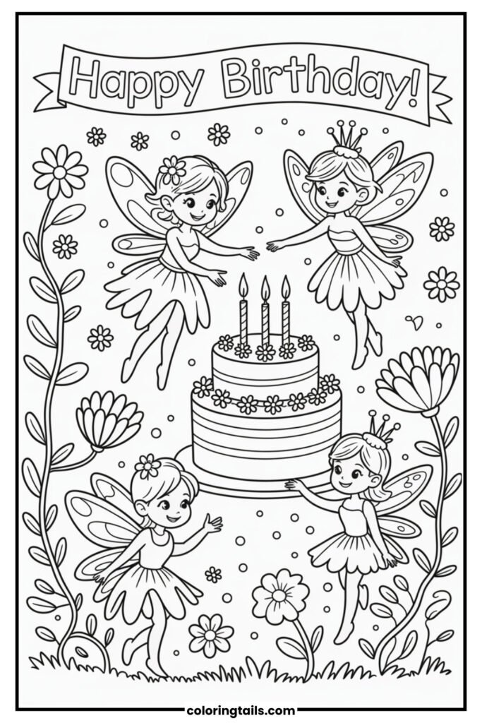 Fairy characters around a cake in a flower garden.