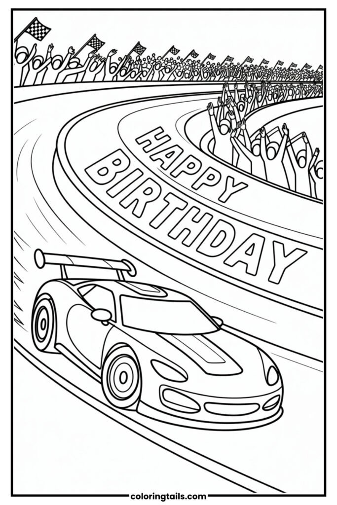 A racecar on the track with Happy Birthday text on the track.
