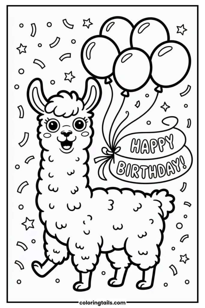 A cute llama with birthday balloons and confetti.