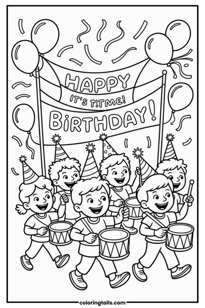 Kids marching with drums, horns and birthday banners.