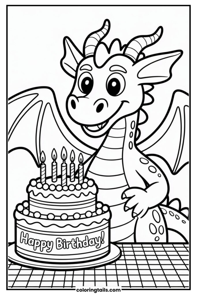 A friendly dragon guarding a birthday cake.