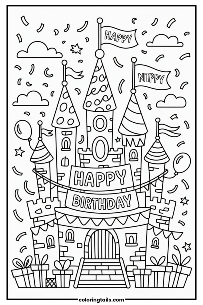 A fairy-tale castle decked out with birthday decor.