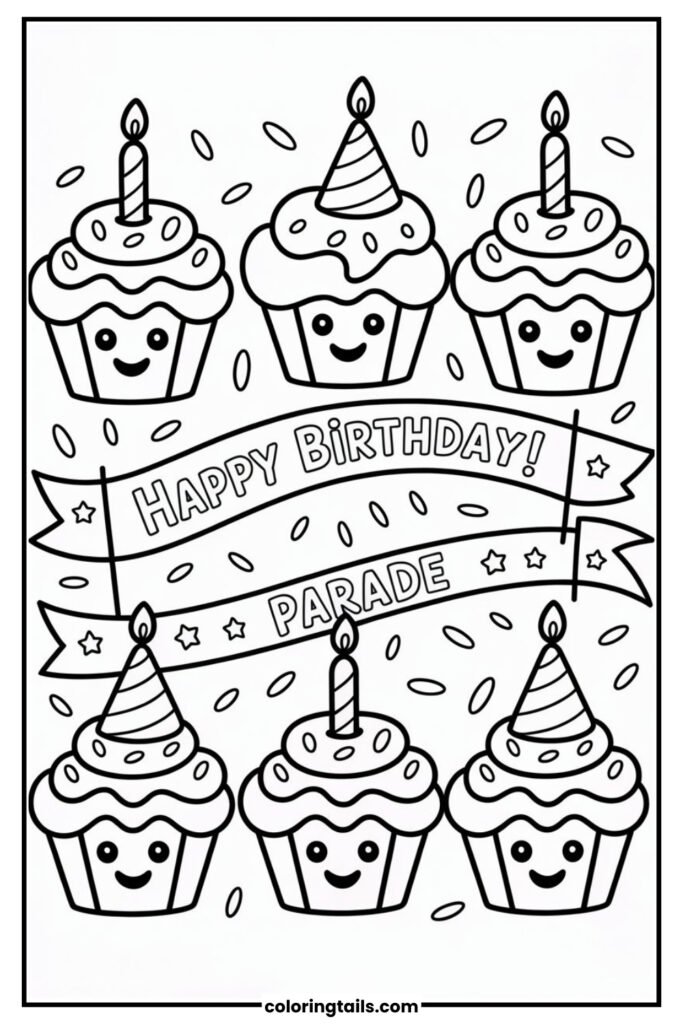 Cute cupcakes with smiling faces, candles and Happy Birthday Parade text on it.