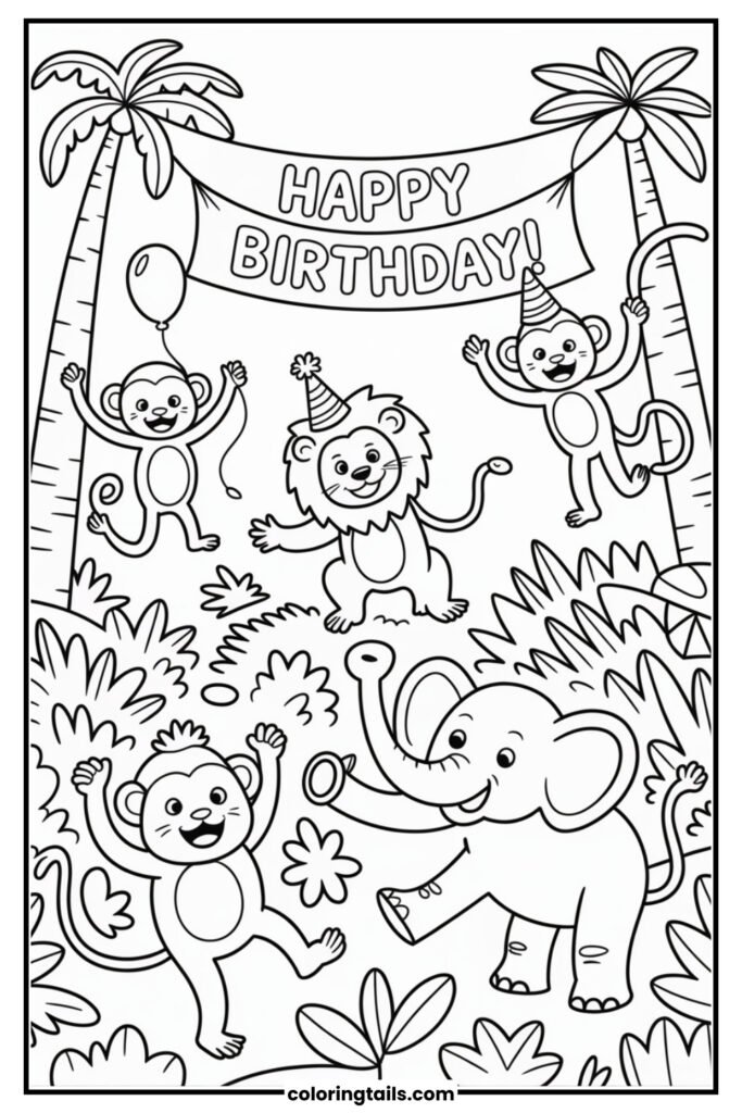 Monkeys, lions, and elephants enjoying a jungle party.