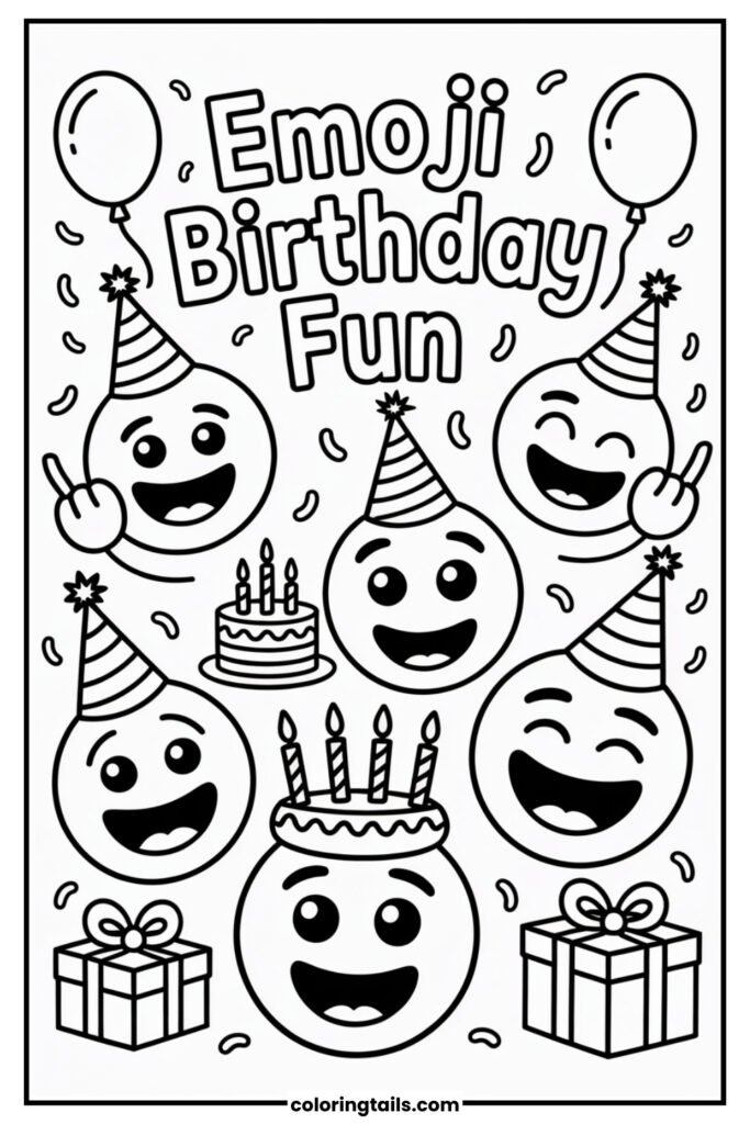 Funny emoji faces with birthday props and balloons.