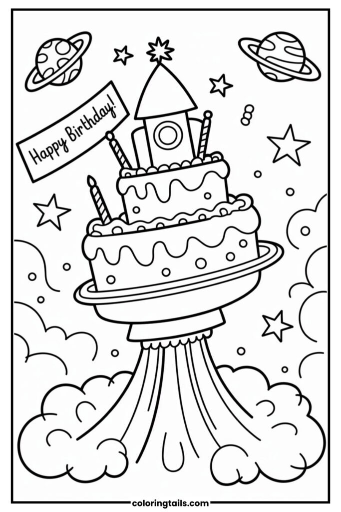 A rocket-shaped cake launching with birthday smoke.
