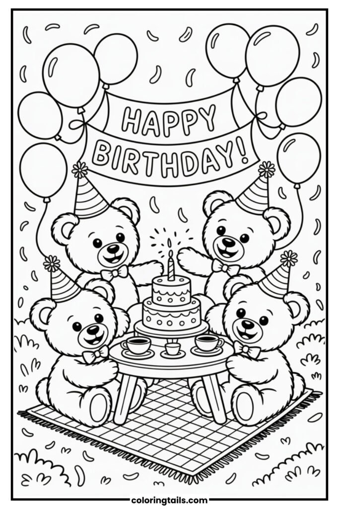 Teddy bears having cake and tea in a cozy scene.