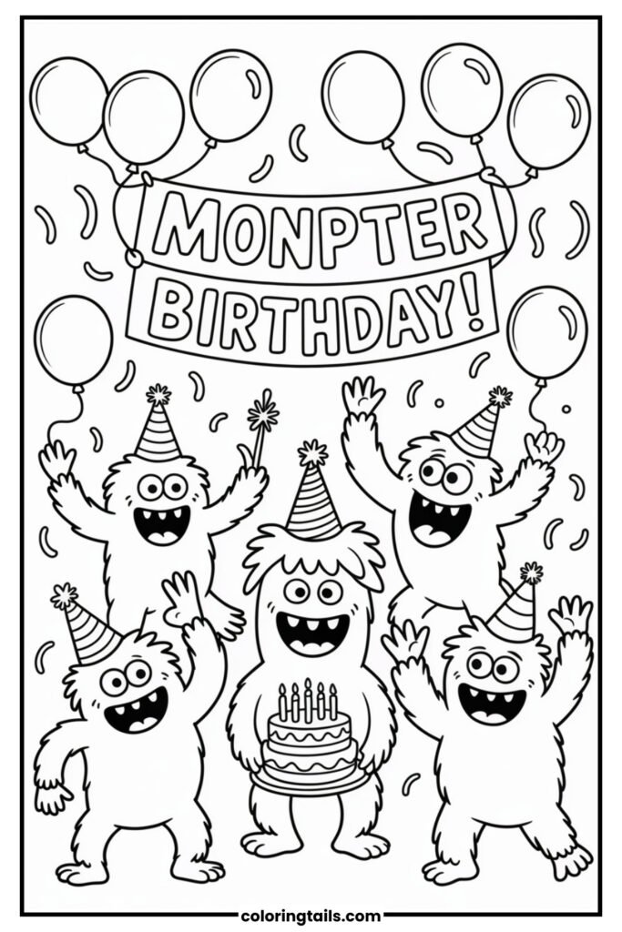 Goofy monsters wearing party hats and dancing.
