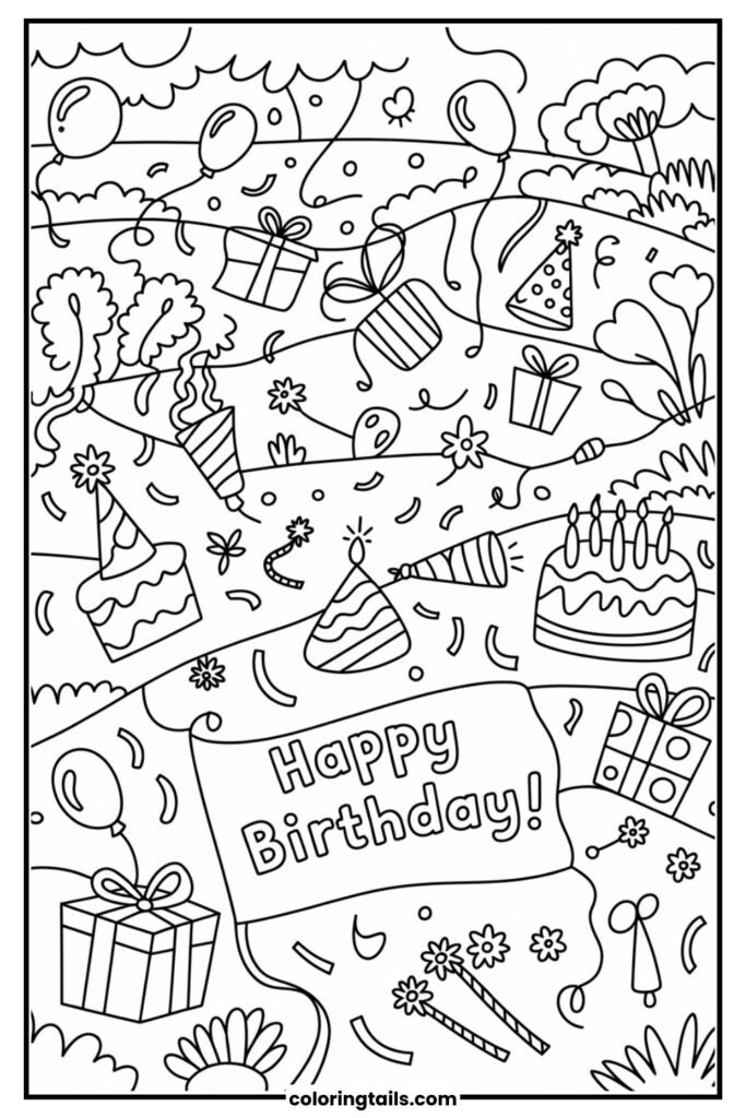 A page full of hidden birthday objects to find and color.