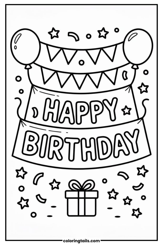 A large hanging banner with bunting, stars and two balloons.