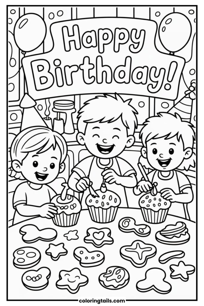 Kids baking cupcakes and cookies for the party.