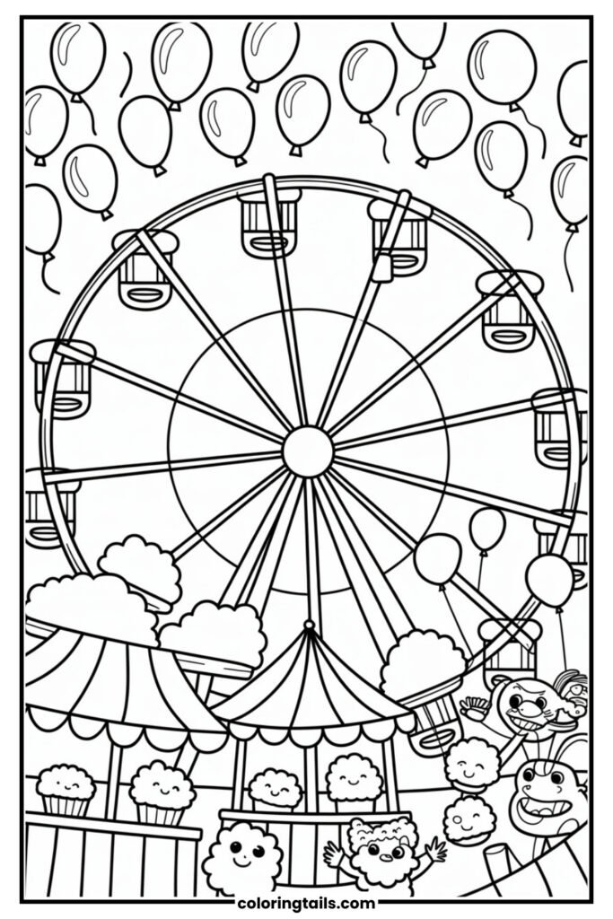Ferris wheel, balloons, and cotton candy booths.