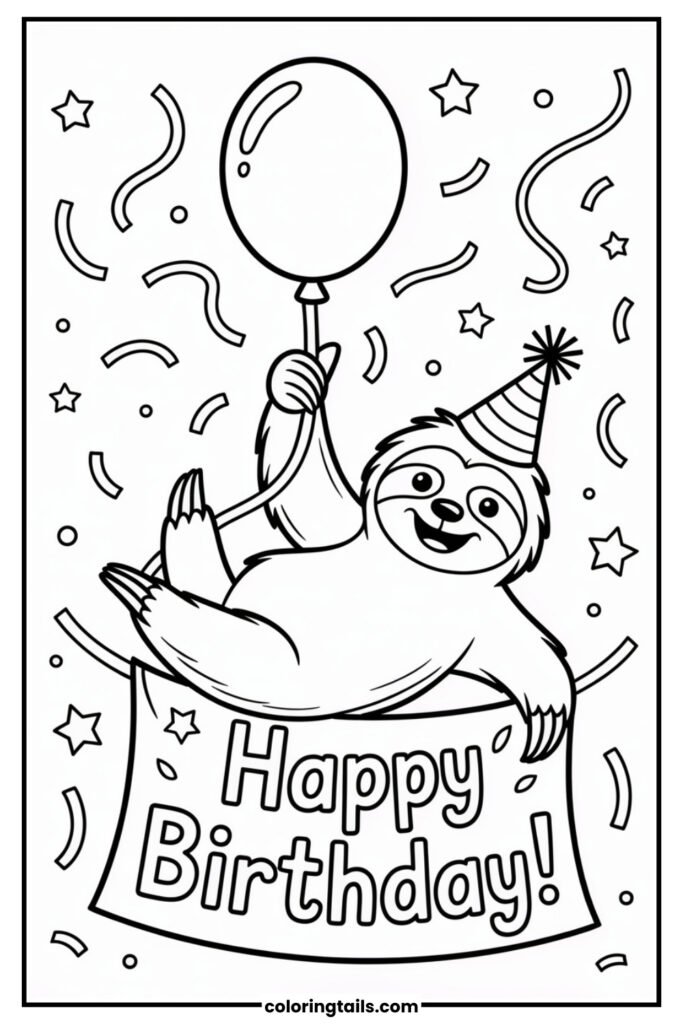 A chill sloth hanging from a balloon string.