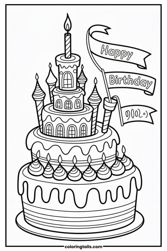 A cake designed like a fantasy castle with turrets.