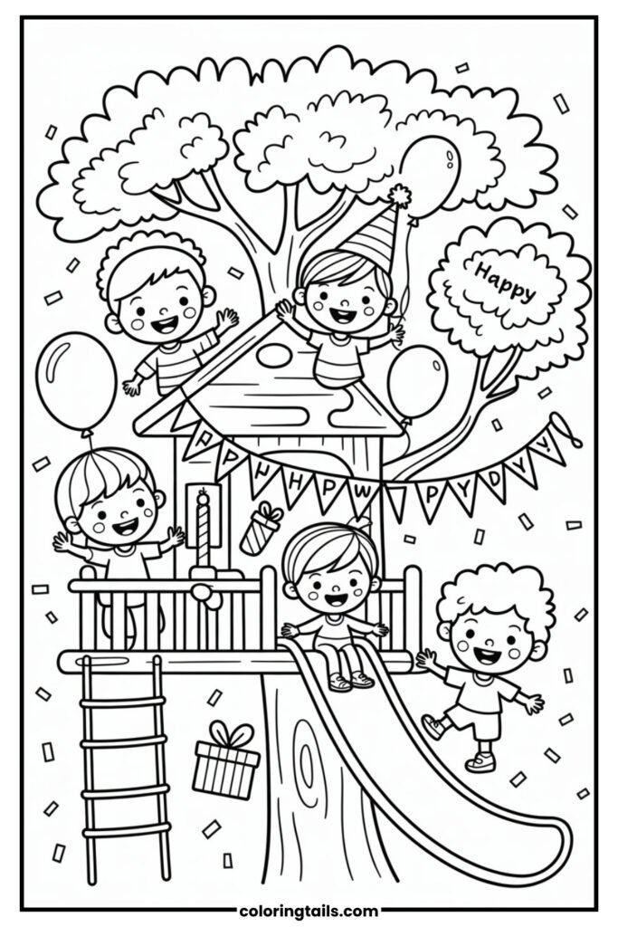 Kids celebrating in a decorated treehouse.