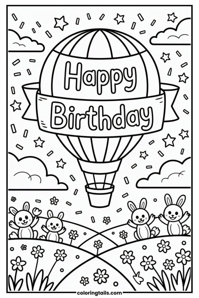 A hot air balloon with “Happy Birthday” waving in the sky.