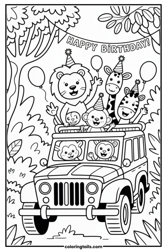 Jungle jeep with animals waving their hands.