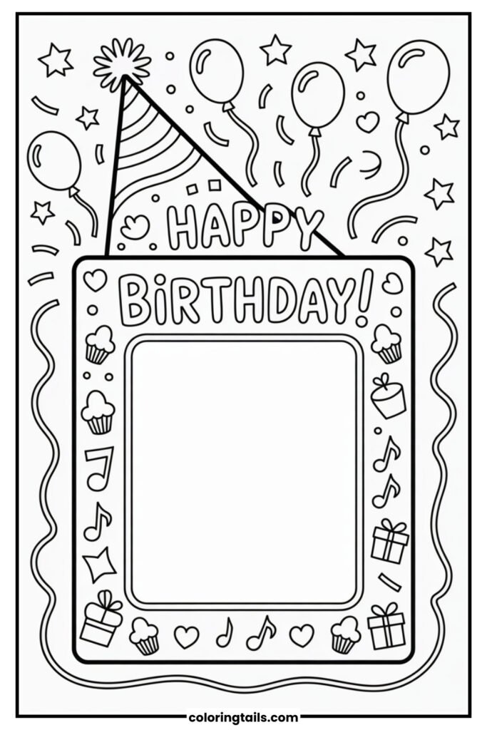 A birthday-themed frame kids can color and draw their own faces or insert a photo inside.