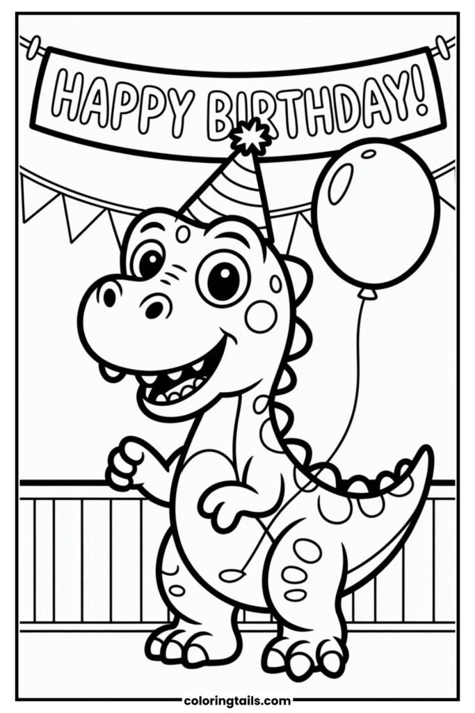 A dinosaur wearing a party hat with a balloon and a banner in the background with Happy Birthday text.