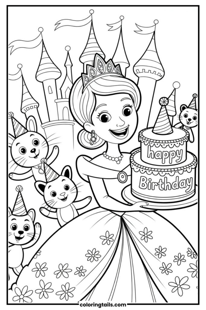 A royal birthday girl with a birthday cake and castle backdrop.