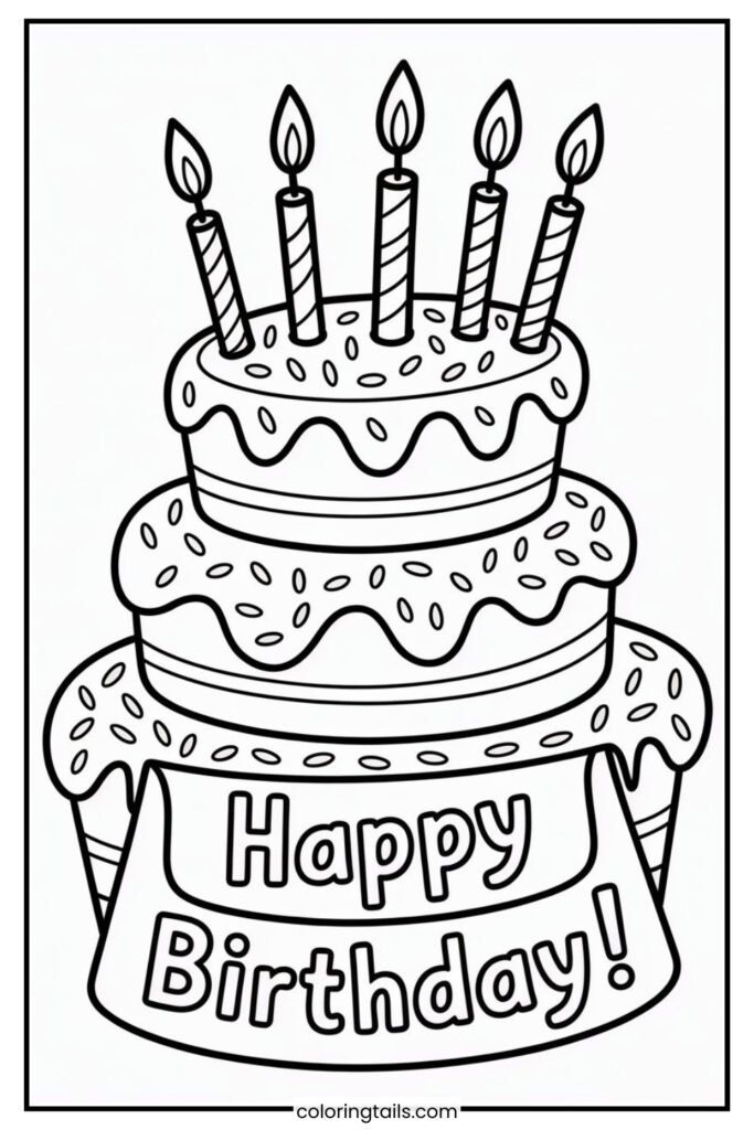 A tall, layered cake with dripping icing, sprinkles, and bright candles. It is the perfect centerpiece for any birthday page.