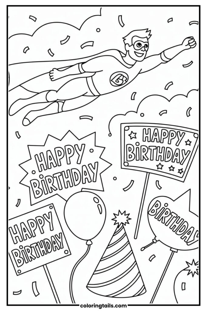 A flying superhero with happy birthday signs, balloon and a birthday hat.