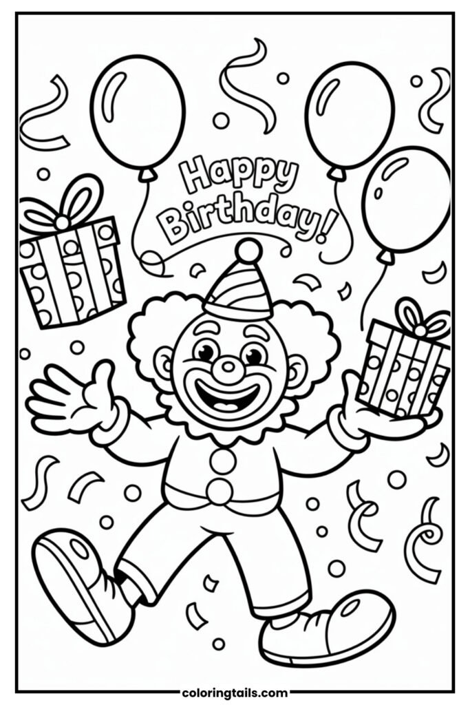 A cheerful clown juggling with balloons and gifts.