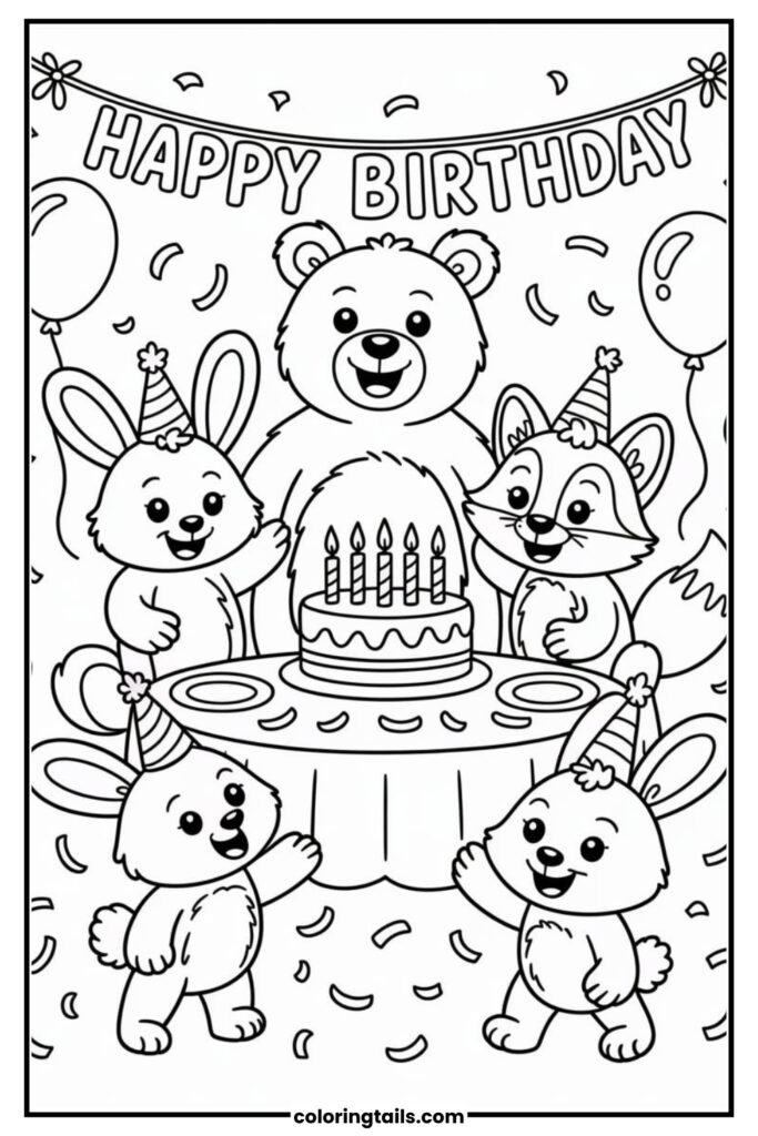 Cute animals bears, rabbits, and foxes celebrate with a cake and a written Happy Birthday text.